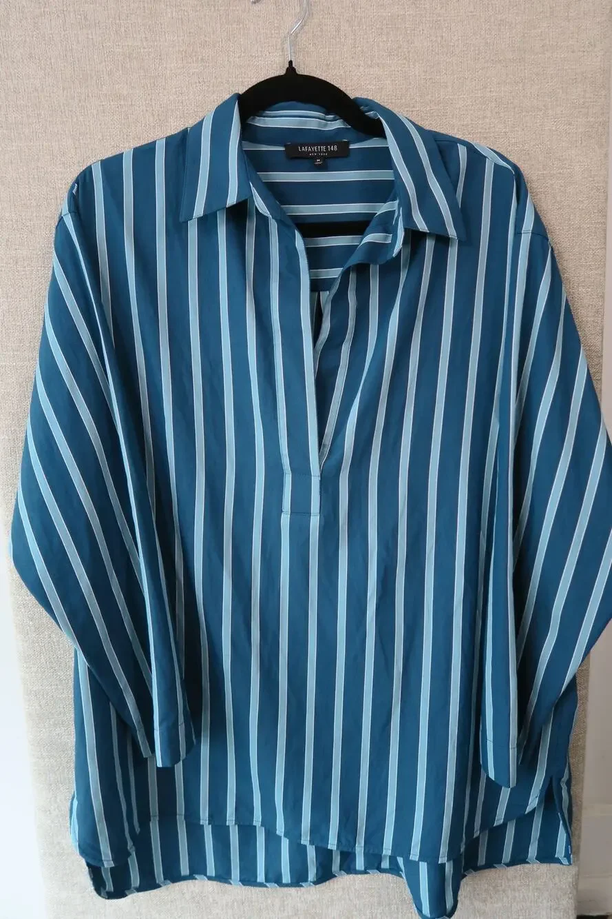 Lafayette 148 New York Teal & White Striped Popover Blouse